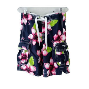Abercrombie Kids Boys Navy Blue Pink Board Shorts Large Cargo Pockets Floral